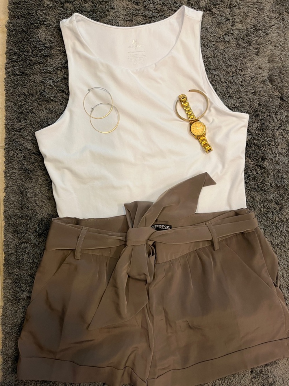 Express High-Waist Tie Front Shorts in Brown with White Tank